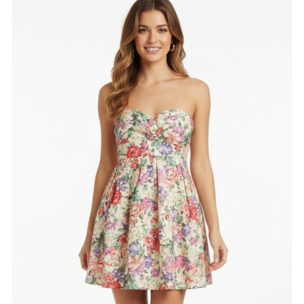 Sans Souci Pink and Green Pleated Strapless Sundress Sz M